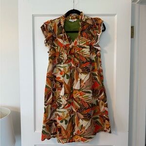 THML Tropical Leaf Tassel Mini Dress - Green/Orange/Brown